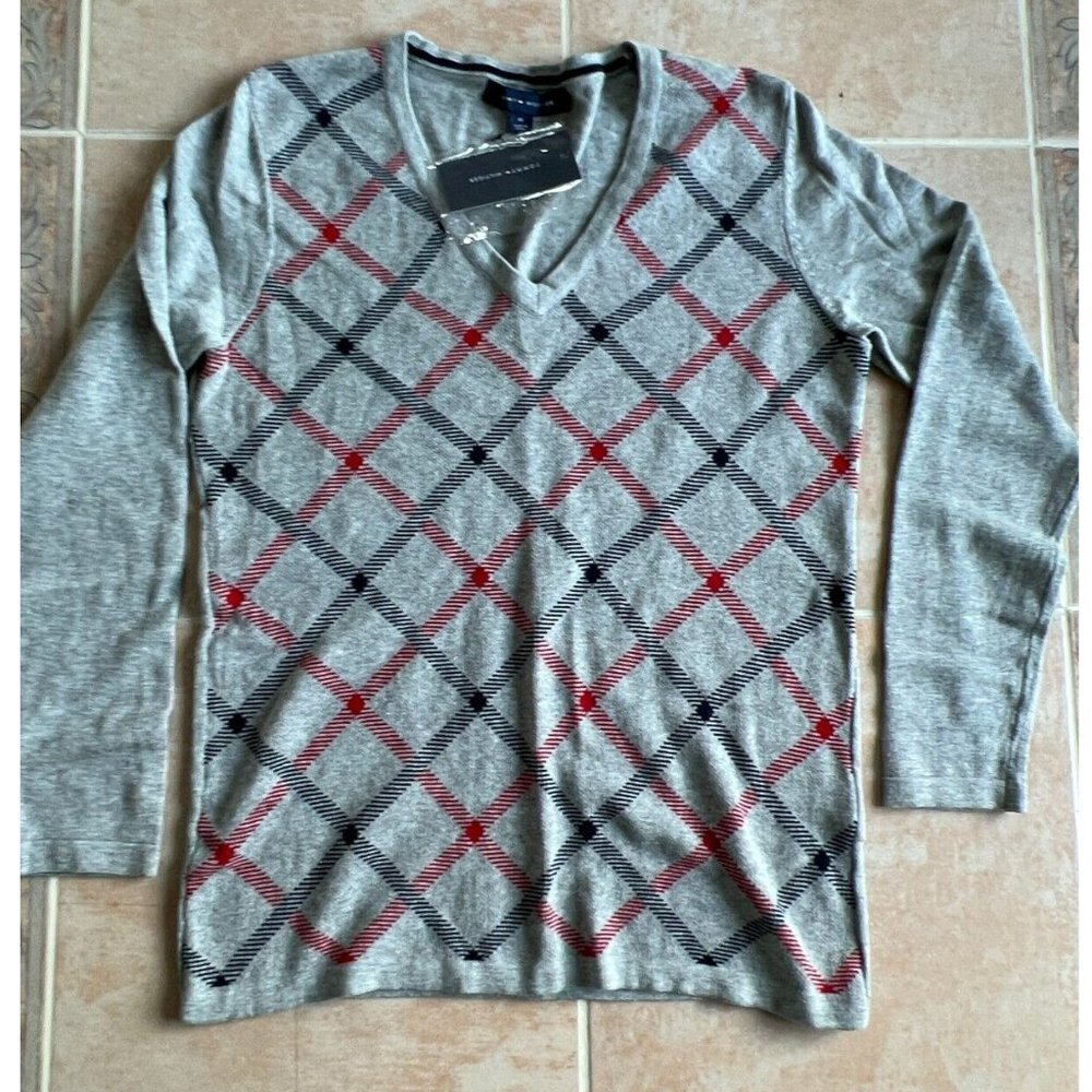 Tommy Hilfiger cotton gray sweater plaid‎ red and blue men size M